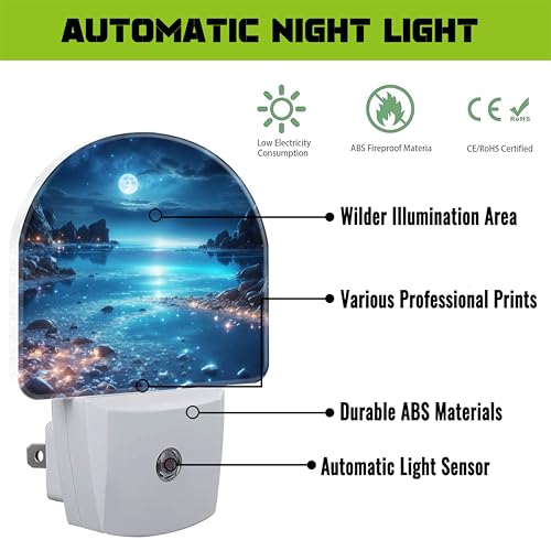 Image of Full Moon and Sparkling Lake Night Light for Kids,Magical Beach at Night Plug in Night Light with Dusk to Dawn Sensor, 0.5w Energy Saving Nightlight for Hallway Stairway Kitchen Bedroom