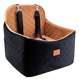 Dog Car Seats for Small/Medium Dogs, FurFrolic Memory Foam Dog Booster Seat for Small Dogs up to 35 lbs, Travel Pet Car Seat with Washable Detachable Cover, Storage Pockets, 2 Safety Belt, Black Brown