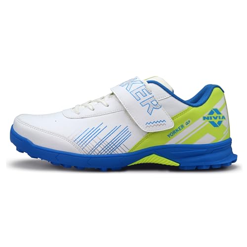 Nivia Yorker 2.0 Cricket Shoes for Men, Synthetic Leather Upper with Velcro Strap, Round Stud PVC Outsole, Die-Cut Soft NR EVA Sockliner (Blue/Lime, UK02)