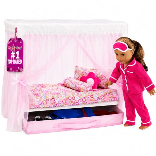Emily Rose 18 Doll Princess Canopy Bed - White Wood with Pink Curtains