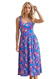 Roman Floral Shirred Strap Midi Dress for Women UK Ladies Spring Everyday Summer Holiday Round Neckline Comfy Sleeveless Soft Fit & Flare Frock Beach Vacation Gowns - Floral Blue - Size 14