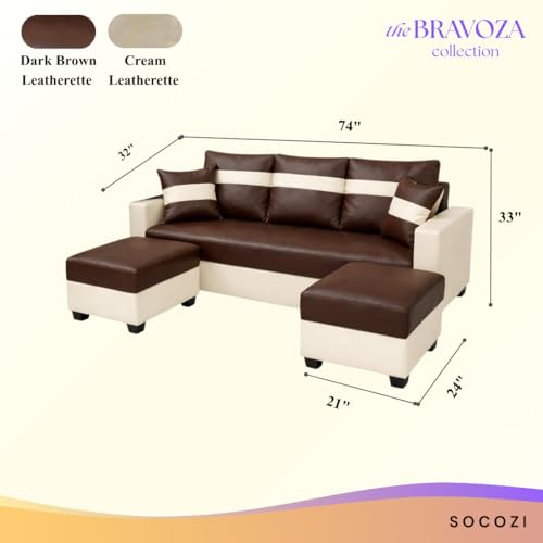 Image of SOCOZI Bastian 5 Seater L Shape Sofa Set with 2 Movable Ottomans | Flexible Layout | Premium Leatherette with Golden Metal Legs |Sofa for Living Room (Cream-Dark Brown) | Breathable Material