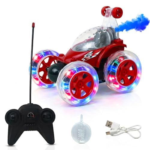 Image of NHR Launch RC Stunt Car for Kids, 360 Rotating Remote Control Car with Smoke Spray, Music & Lights, High-Speed Rechargeable Toy Vehicle Gift for Boys & Girls (2+ Years, Red)