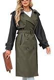 Bellivera Double Breasted Classic Lapel Trench Coat Midi Length Belted Windproof Overcoat with Faux Leather Sleeves 2024 Armygreen M