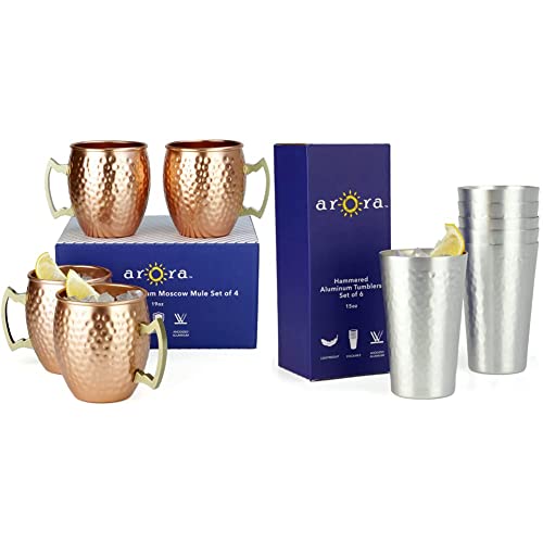 Arora Metal Anodized Hammered Copper Moscow Mule Mug Set 18oz Mug | Set of 4 & Metal Anodized Hammered Silver Tumbler Set | Best Aluminum Cold-Drink Cup | 15oz Cup | Set of 6