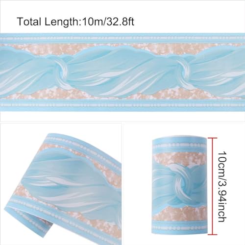 Borda de papel de parede autoadesiva de 32,8 pés, padrão de onda azul, borda de piso de PVC para coz