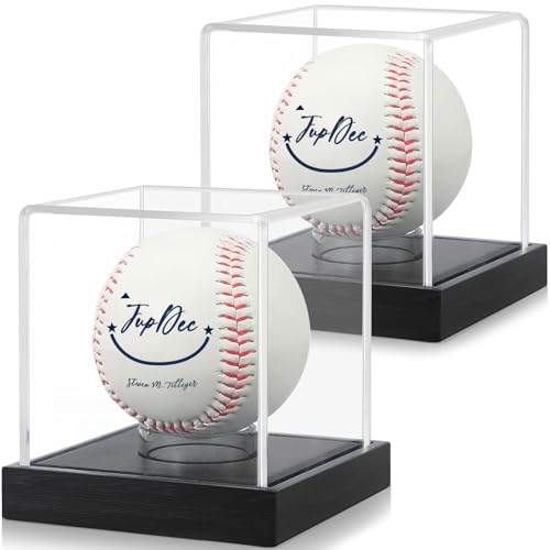 Image of Baseball Display Case, Clear Cube Baseball Holder with Wooden Base, Autograph Baseball Stand Box for Single Ball, Acacia Wood, Black, 1 Pack