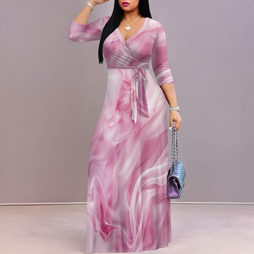 Image of PinkPatty Women's Print Maxi Dresses 3 /4 Sleeve Flowy Long Dress V Neck Wrap Tie Waist Sundress