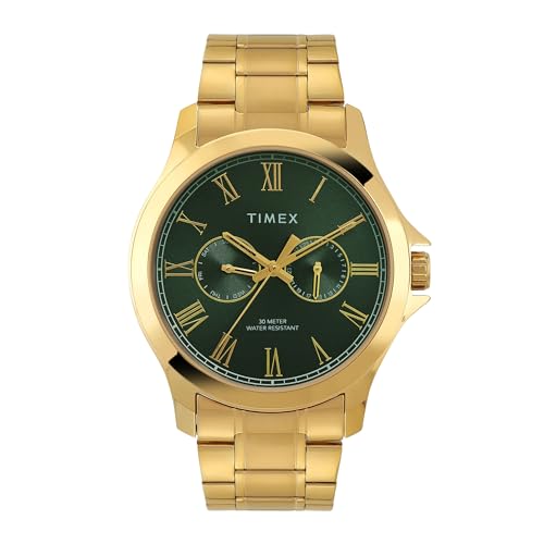 Image of TIMEX Analog Watch for man with Green Round Dial & Rose Gold Stainless Steel Bracelet Band Water Resistant Men's Wrist Watches - TW000X142