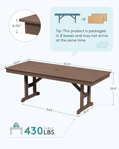 Image of SERWALL Outdoor 84 inch HDPE Dining Table with Umbrella Hole for 6-8, Brown | 9-piece HDPE 84 inch dining table, Ideal for Outdoor Gathering