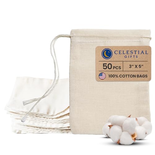 Celestial Gifts Muslin Bags - Drawstring - Small 50pcs - 3x5, Reusable Tea Bags, Jewelry Gift, Spice and Cotton Gift Sachet - 100% Cotton - Made in USA - (Natural Hem & Drawstring)