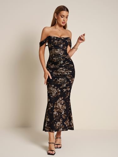 Image of KUTUMAI Off The Shoulder Maxi Long Dress Corset Ruched Bodycon Cocktail Formal Wedding Guest Dresses for Women