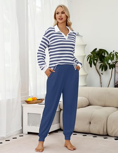 Blooming Jelly Womens Pajama Sets Striped Long Sleeve Lounge Sets V Neck Sleepwear 2 Piece Pj Set 20252