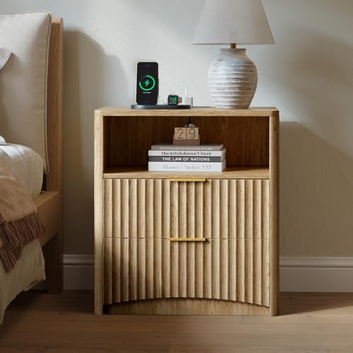 Image of Evermagin Fluted Nightstand Set of 2 with Charging Station, Natural Oak Bedside Table with 2 Drawers, Wood End Table with Storage Mid Century Modern, Large Night Stand for Bedroom