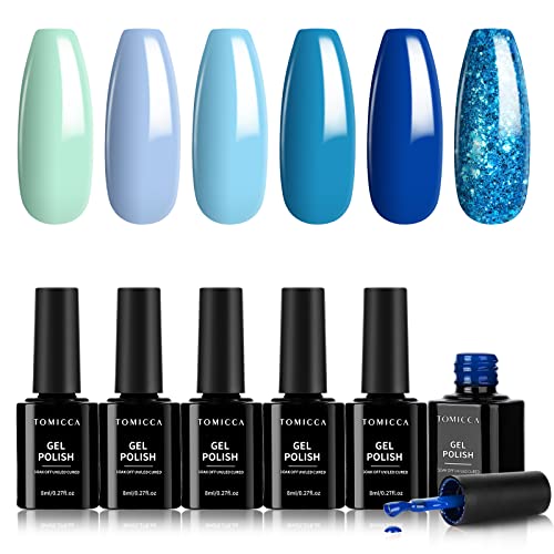 TOMICCA UV Nagellack Shellac 6*8ml Glitzer See Wasser Blau Farbe Nagellack Soak Off UV LED Gel Nail Art Maniküre Set…