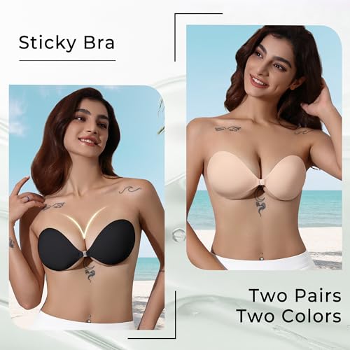 Image of Sticky Bra Push Up, No Show Adhesive Strapless Bra, Backless Dress | Lightweight matte cups, secure stick-on hold, front clasp lift, reusable backless bra for low-cut outfits and wedding dresses