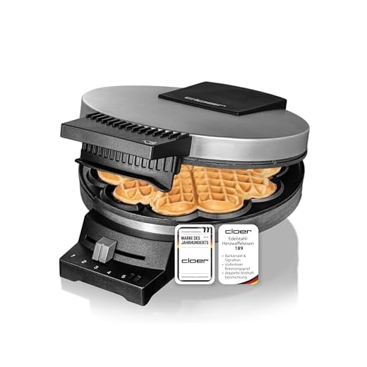 Cloer 189 Waffeleisen für kuchenartige Herzwaffeln, Doppelbeschichtung, 930 W, Waffelgröße 16 cm, schwere Backplatten, optische und akustische Fertigmeldung, Edelstahl