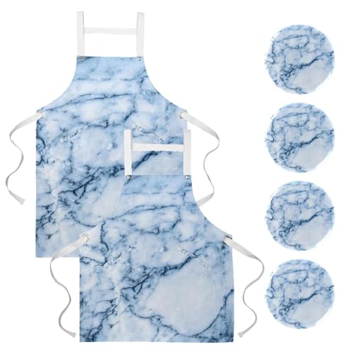 Lot de 2 tabliers de cuisine à motif marbre bleu et multicolore avec 4 broches