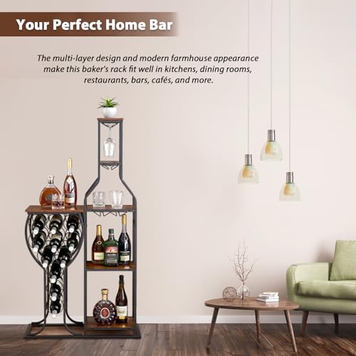 BESTTOONE 5 Tier Wine Rack Freestanding Floor, 11 Bottle Wine Bakers Rack with Hanging Wine Glass Holder and Storage Shelves, Wine Holder Home Bar for Liquor and Wine Storage for Kitchen, Dining Room
