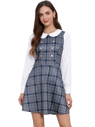 Image of Allegra K Women's Peter Pan Collar Contrast Color Button Decor A-Line Preppy Plaid Mini Dress