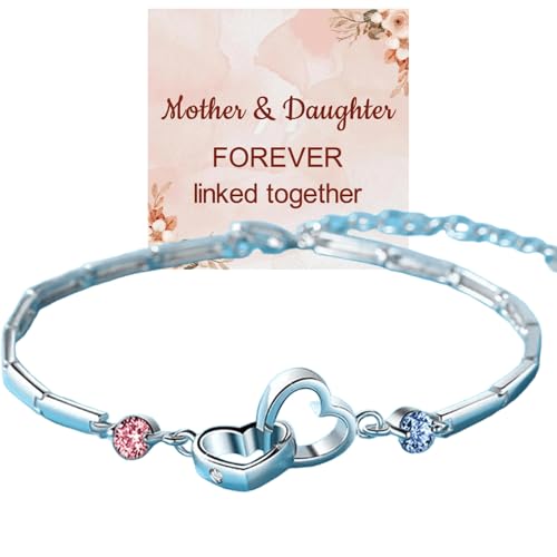 S925 Mother & Daughter Birthstones Custom Double Diamond Double Heart Bracelet,Personalized Interlocking Heart Bracelet,Personalized Birthstone Bracelet for Women