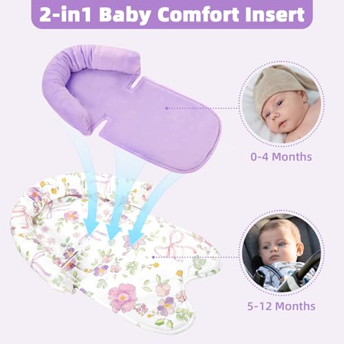 Image of SWESEN Infant Car Seat Insert & Strap Covers, Car Seat Head Support for Baby Girls, 2 in 1 Soft Plush Car Seat Insert for Newborns, for Infants Aged 0-12, Purple Bow