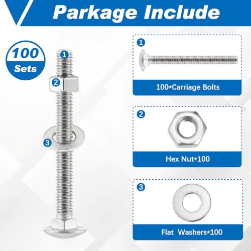 Image of Zonon Stainless Steel Carriage Bolts and Nuts Kit Round Head Square Neck Carriage Bolts Screws and Hex Nuts and Flat Washers, Stainless 18-8 Full Thread Coverage(1 /4-20 x 2-1 /2 inch,Silver,100 Sets)