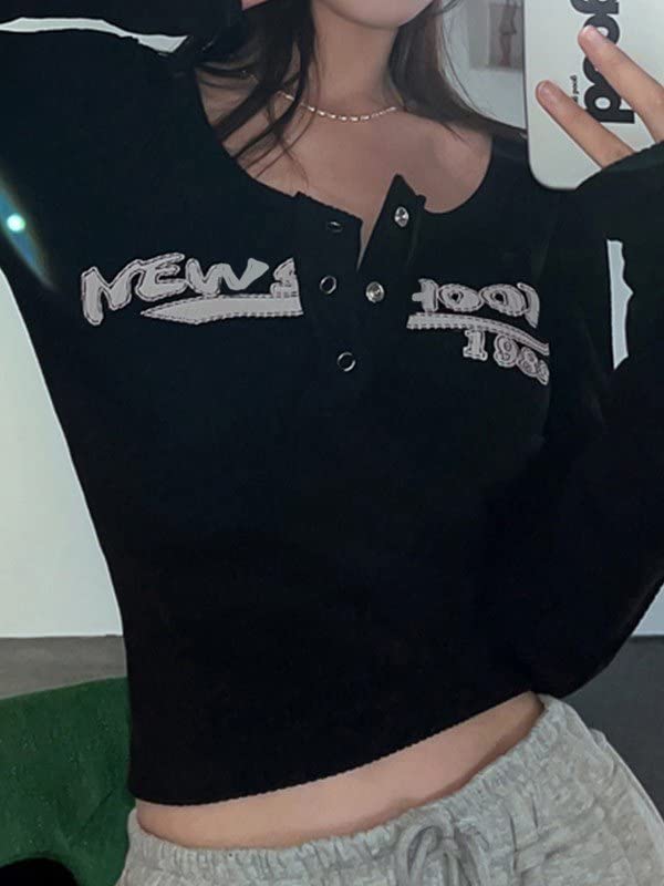 Image of Womens Lace Long Sleeve Top Paneled Henley Shirts Y2k 2000s Fitted Going Out Tops Blouse