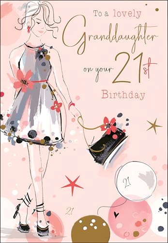 Jonny Javelin Bonita tarjeta de cumpleaños número 21 para nieta, elegante diseño femenino con globos, acabado de aluminio en relieve, tarjeta de feliz cumpleaños para ella de 21 años