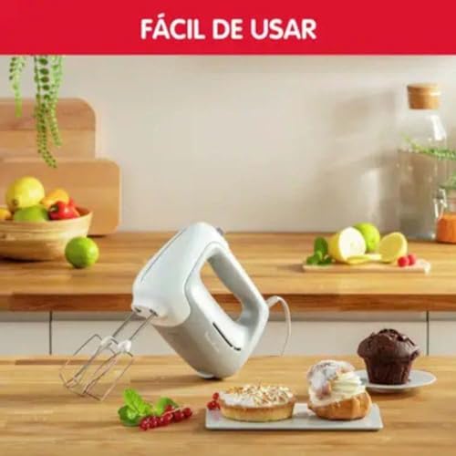 Moulinex Prep'Mix Batteur Electrique 5 Vitesses 2 Fouets 2 Crochets Pétrisseurs Inox Batteur Polyvalent et Ergonomique Accessoires Compatibles Lave-Vaisselle 450 W HM450B10 Blanc