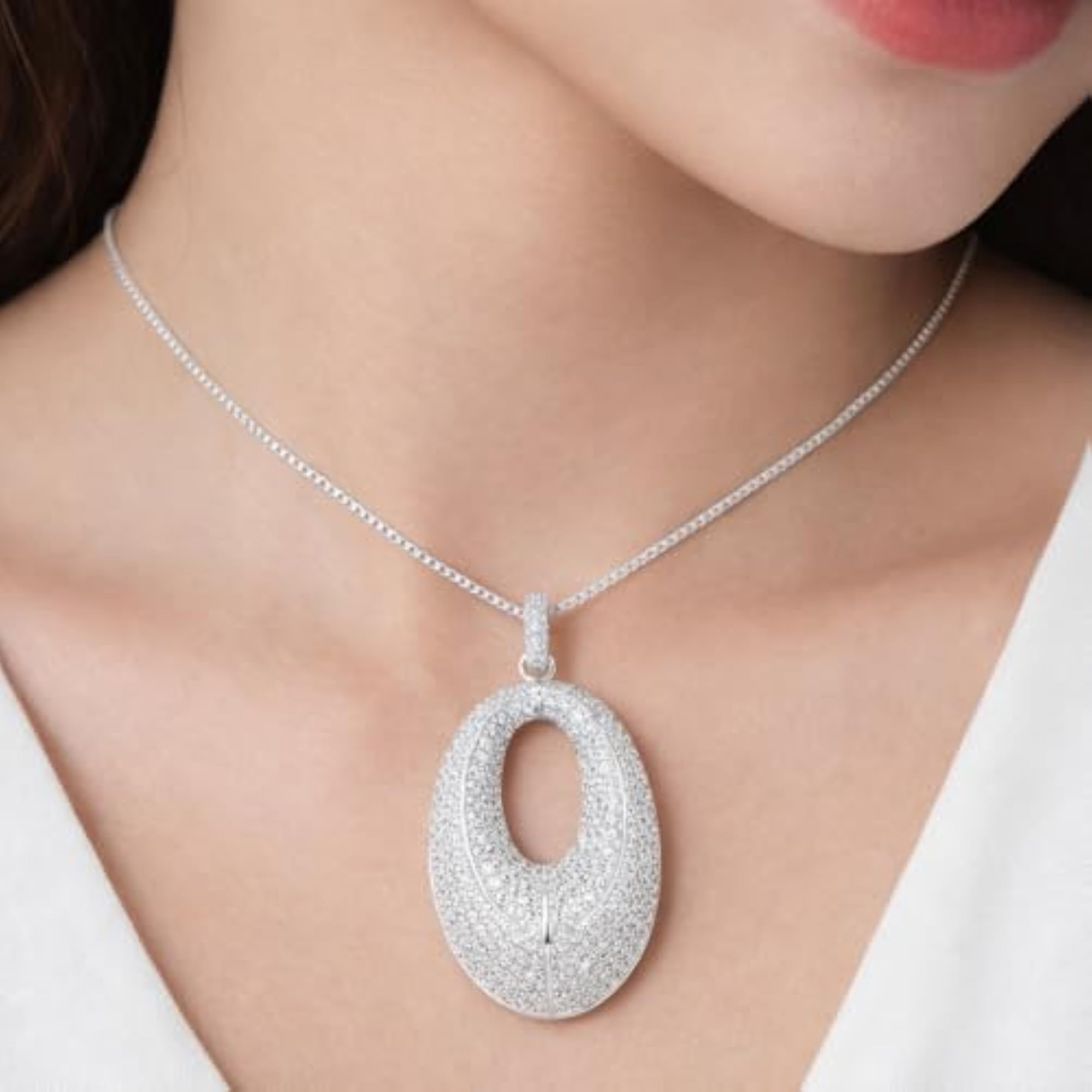 925 Silver Oval Sparkle Pendant Necklace, Elegant Gift