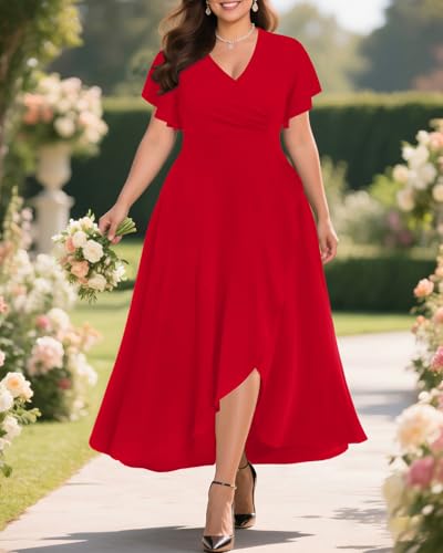 Image of Pinup Fashion Plus Size Formal Wedding Guest Cocktail High Low Long Dress | Elegant wrap v-neck, flutter sleeves, empire waist, hi-lo split ruffle hem, evening, mother of bride /groom, easter