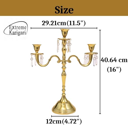 Image of Premium 16 Inch Golden Aluminum 3-Arm Candle Stand with Crystal Hangings | Luxury Centerpiece for Home Decor, Weddings, Festive Decoration & Dining Table