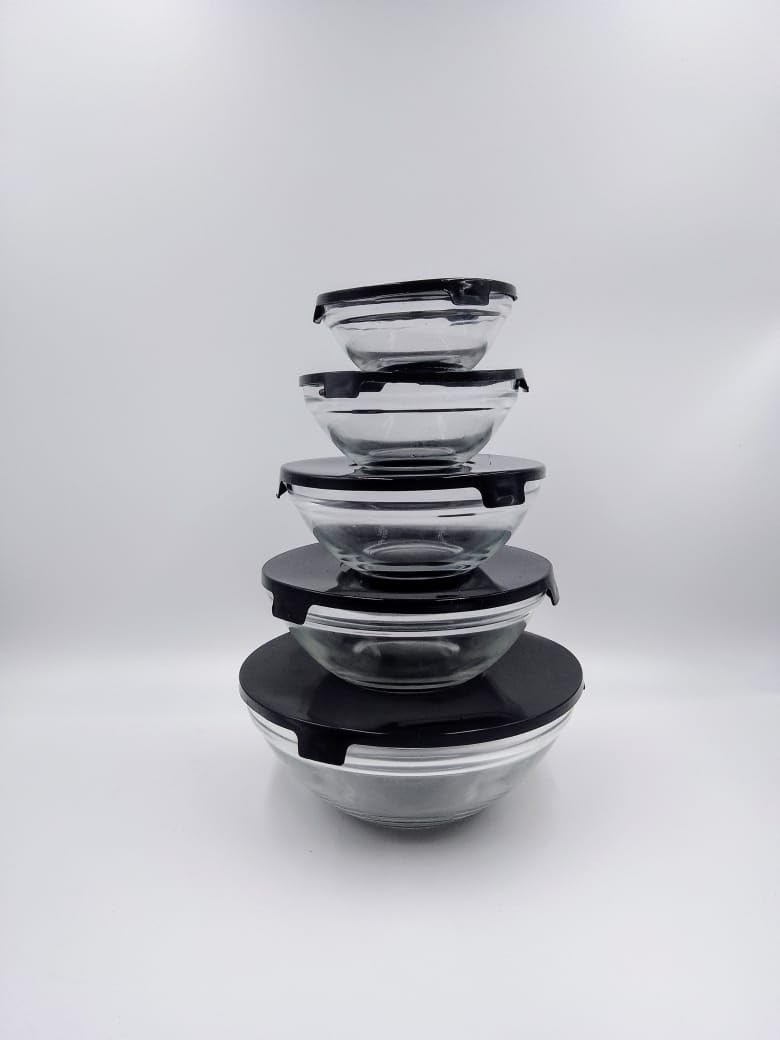 Elegant 5-Piece Glass Bowl Set with Lids – Durable & Microwave Safe – Perfect for Mixing, Serving, and Storing (Black)