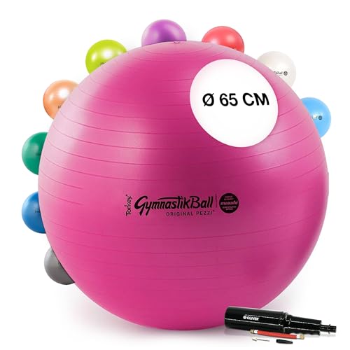 PEZZI - Gymnastikball Original Pezziball MAXAFE 65cm Ø mit Oliver Rapid Pumpe – Sitzball für Therapie, Sport & Büro - Universeller Trainingsball aus Flexton Silpower® belastbar bis 400 kg – Rubinrot