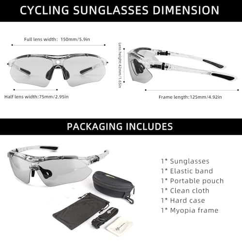 Image of ROCKBROS Photochromic Sports Sunglasses Mens Pickleball Glasses Cycling Glasses MTB Sunglasses, with Removable Elasctic Band
