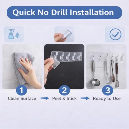 Image of Self Adhesive Hooks for Wall Heavy Duty - 10kg Load Capacity Waterproof Transparent Wall Hooks for Hanging - No Drilling Nail (ProHold Hoo (6 Hook Strip Pack 2)