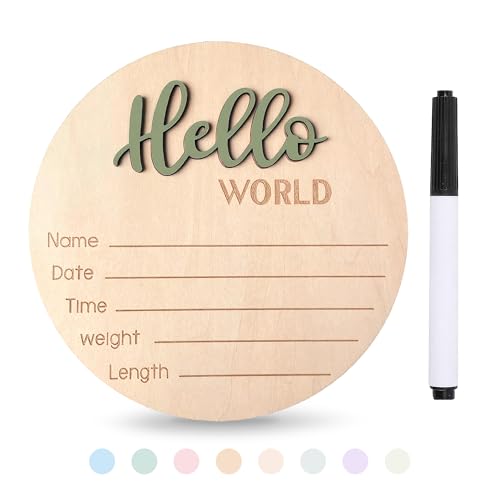 Xyndrella Baby Announcement Sign with Pen 5.9 Inch Wooden Hello World Newborn Sign for Hospital 3D Birth Announcement Board Welcome Baby Name Signs for Nursery Newborn Gift for Boy & Girl Green