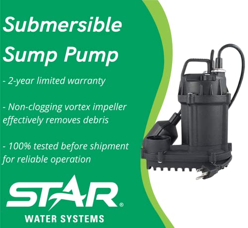 Star 3SDHL Cast Iron 1/3 HP Submersible Sump Pump with Tethered Float Switch, Passes 3/8
