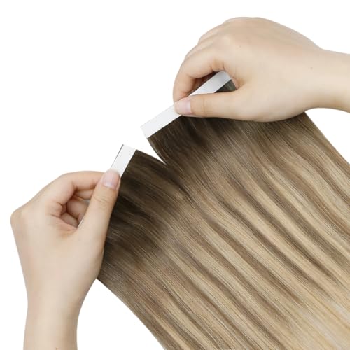 Image of LaaVoo Genius Tape in Weft Hair Extensions Invisible Tape in Hair Extensions Ombre Light Brown to Blonde Tape Weft Hiar Extension Remy Human Hair 22inch 4pcs 120g