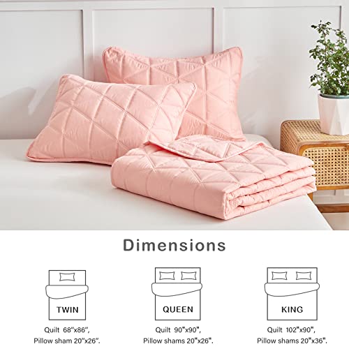 Blush Quilt Set Twin Size 2 Pieces (1 Quilt And 1 Pillow Sham), Classic Color Geometric Triangle Stitched Pattern Quilted Bedspread Coverlet Set, Soft Microfiber Lightweight Bed Cover For Kids Girls #TOP6
