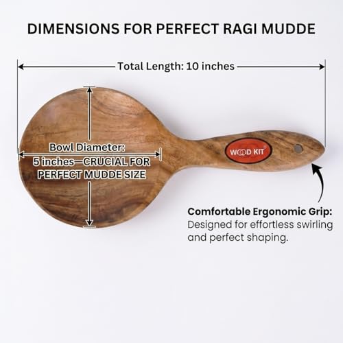 Image of Neem Wood Ragi Mudde Shaper | Traditional Ragi Sangati Maker & Millet Ball Ladle | Heat Resistant & Ergonomic 10 inch Design | Eco-Friendly, Non-Toxic & Antibacterial Brown 24.5 cm