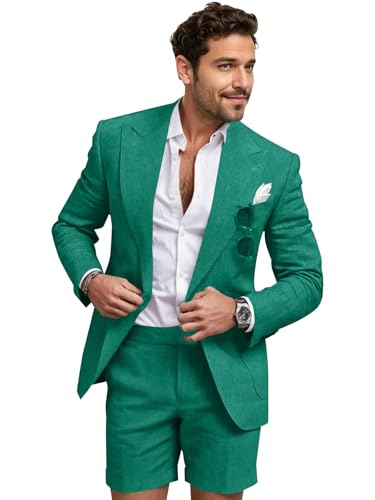 2 Piece Men's Linen Suits Set Slim Fit Casual Summer Shorts Suit for Men Grooms Beach Wedding Tuxedo Blazer & Shorts Suits Dark Green L