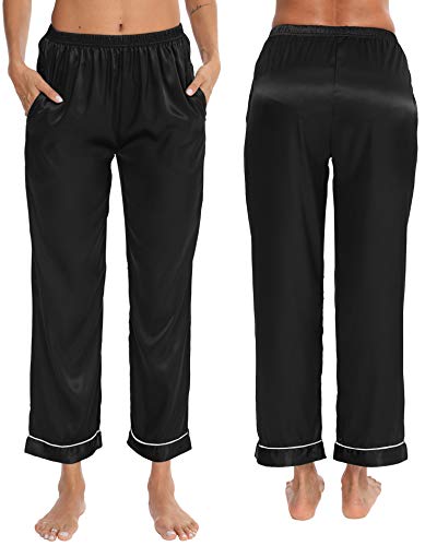 SWOMOG Women s Satin Pajama Pants Long Sleeve Silky Sleep Pants Loungewear Pj Bottoms Pants Nightwear Trousers with Pockets Black