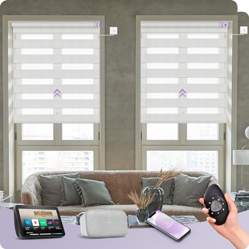 Graywind Graywind Motorisierte Zebra-Jalousien, kompatibel mit Alexa, Google, WiFi, verdrahtet, intelligentes horizontales Fensterrollo, Fernbedienung, Lichtfilterung, elektrische Fensterschirme, individuelle Größe (reines Weiß)
