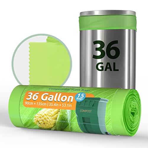 Compostable 36 Gallon Trash Bags, Extra Thick 1.28 Mills, Compost 36 Gal Trash Bags (Kitchen Tall Garbage Bags), Compostable Lawn & Leaf Yard Waste Bags,Astm D6400,Bpi Certified (36G-15Count) #TOP27