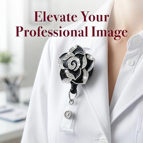 Hyloxs Badge Reel for Nurse Medical, Bling Camellia Flower Retractable ID Holder for Nurses Doctor Occupational Therapy Gifts Funny Badge Holder for Teachers Students Employees (Black) — view 3