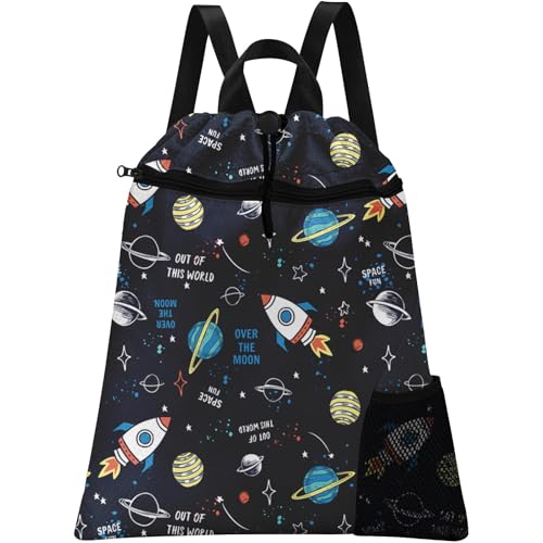 Space Rocket Drawstring Backpack, 15” x 17” Waterproof Swim Bag for Beach Swimming Pool, Lightweight Foldable Gym Bag with Water Bottle Holder for Sports Travel