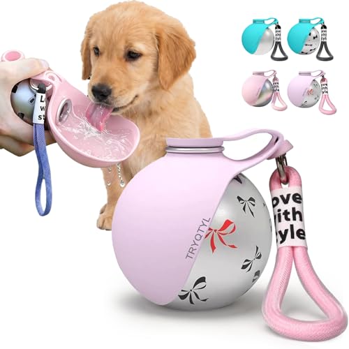 TRYQTYL Dog Water Bottle, 10oz Stainless Steel Portable Dog Water Bottle with Foldable Silicone Bowl, 2-in-1 Portable Dog Water Bowl for Water & Food, Water Dispenser for Dogs Walking (Pink Printed)
