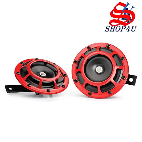 Image of 125MM Super Tone Red Grill Car Horn Set of 2 Compatible with Hyundai Creta (Metal Chrome, Free Relay and Wire)